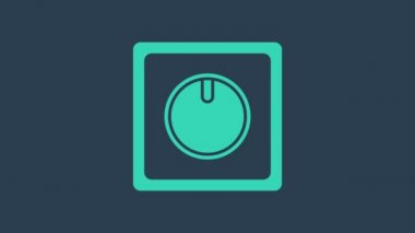 Turkuaz elektrik düğmesi simgesi mavi arkaplanda izole edildi. Açık ve kapalı simgesi. Loş ışık düğmesi işareti. Enerji tasarrufu kavramı. 4K Video hareketli grafik canlandırması