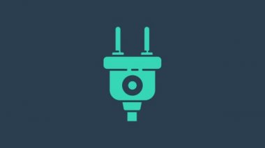 Turkuaz elektrik prizi simgesi mavi arkaplanda izole edildi. Bağlantı kavramı ve elektriğin kesilmesi. 4K Video hareketli grafik canlandırması