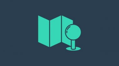 Mavi zemin üzerinde iğne simgesi izole edilmiş turkuaz katlı harita. 4K Video hareketli grafik canlandırması