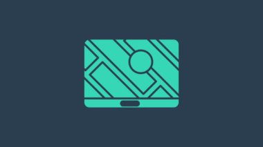 Şehir haritası navigasyon simgesinin turkuaz bilgileri mavi arkaplanda izole edildi. Mobil Uygulama Arayüzü tasarımı. Coğrafi konsept. 4K Video hareketli grafik canlandırması