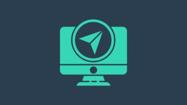 Turkuaz Bilgisayar monitörü ve katlanmış harita mavi arkaplanda izole edilmiş konum imleci simgesi. 4K Video hareketli grafik canlandırması