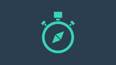 Mavi arkaplanda turkuaz pusula simgesi izole edildi. Rüzgâr yön bulma sembolü. Rüzgar gül işareti. 4K Video hareketli grafik canlandırması