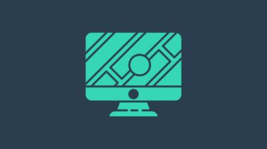 Turkuaz Bilgisayar monitörü ve katlanmış harita mavi arkaplanda izole edilmiş konum imleci simgesi. 4K Video hareketli grafik canlandırması