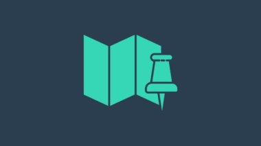 Mavi zemin üzerinde iğne simgesi izole edilmiş turkuaz katlı harita. 4K Video hareketli grafik canlandırması