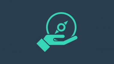 Mavi arkaplanda turkuaz pusula simgesi izole edildi. Rüzgâr yön bulma sembolü. Rüzgar gül işareti. 4K Video hareketli grafik canlandırması