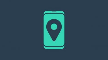 Şehir haritası navigasyon simgesinin turkuaz bilgileri mavi arkaplanda izole edildi. Mobil Uygulama Arayüzü tasarımı. Coğrafi konsept. 4K Video hareketli grafik canlandırması