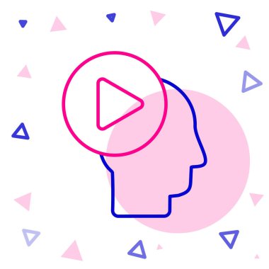 Çalma düğmesi simgesine sahip Çizgi Başı insanları beyaz arkaplanda izole edildi. Renkli taslak konsepti. Vektör İllüstrasyonu.