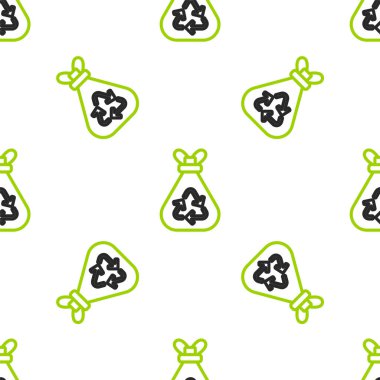 Geri dönüşüm sembolü simgesine sahip çöp torbası beyaz arka planda izole edilmiş pürüzsüz desen. Çöp kutusu simgesi. Geri dönüşüm sepeti işareti. Vektör İllüstrasyonu.