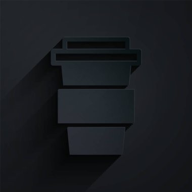 Kağıt, kahve fincanını siyah arka planda izole etmek için kesmiş. Kağıt sanatı tarzı. Vektör İllüstrasyonu.