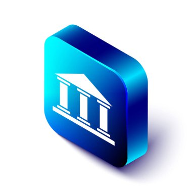 Beyaz arkaplanda Isometric Müze binası simgesi izole edildi. Mavi kare düğme. Vektör İllüstrasyonu.