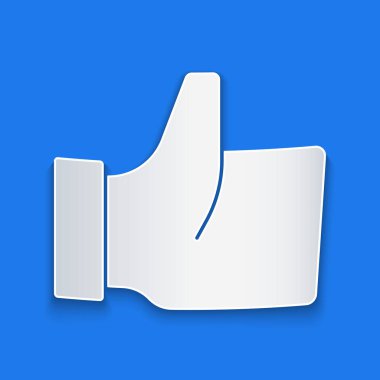 Kağıt, El 'i mavi arka planda izole edilmiş bir simge gibi kesti. Kağıt sanatı tarzı. Vektör.