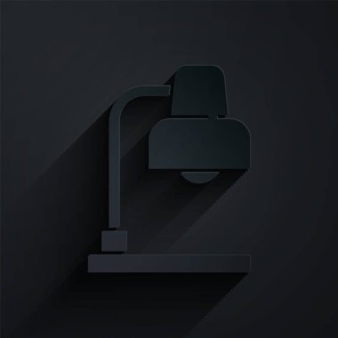 Kağıt kesiği masa lambası simgesi siyah arkaplanda izole edildi. Kağıt sanatı tarzı. Vektör.