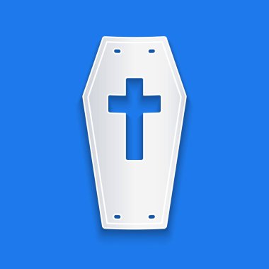 Kağıt kesiği Tabut ve mavi arka planda Hristiyan haç simgesi var. Mutlu Cadılar Bayramı Partisi. Kağıt sanatı tarzı. Vektör.