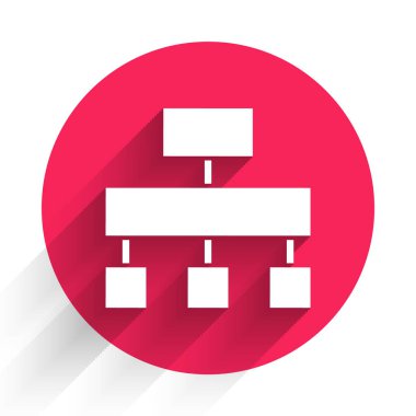 Beyaz Bölge haritası simgesi uzun gölgeyle izole edildi. Kırmızı daire düğmesi. Vektör.