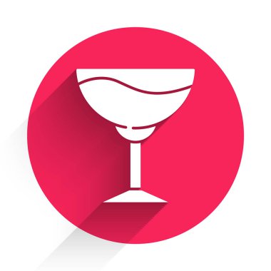 Uzun gölgeli beyaz şarap cam ikonu. Şarap kadehi işareti. Kırmızı daire düğmesi. Vektör.