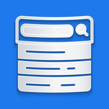 Kağıt kesikli arama motoru simgesi mavi arkaplanda izole edildi. Kağıt sanatı tarzı. Vektör