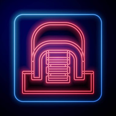 Mavi arkaplanda izole edilmiş sunucu simgesi ile parlayan neon hangar. Sunucu, Data, Web Sunucusu. Vektör