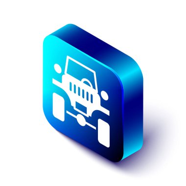 Isometric off road car simgesi beyaz arka planda izole edildi. Cip işareti. Mavi kare düğme. Vektör.