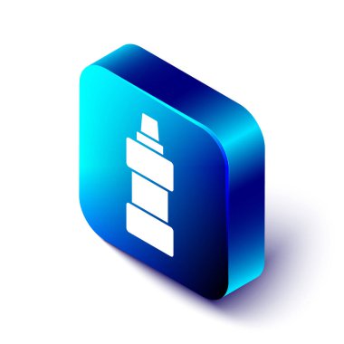 Çamaşır deterjanı, çamaşır suyu, bulaşık deterjanı ya da beyaz arka planda izole edilmiş başka bir temizlik maddesi ikonu için Isometric Plastik şişe. Mavi kare düğme. Vektör.