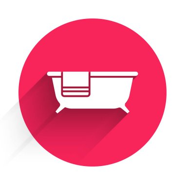 Beyaz Küvet ikonu uzun gölgeli. Kırmızı daire düğmesi. Vektör.