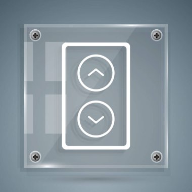 Beyaz Asansör simgesi gri arkaplanda izole edildi. Asansör sembolü. Kare cam paneller. Vektör.