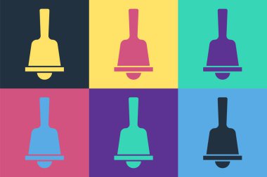 Pop art Mutlu Noeller zil ikonu renk arkaplanda izole edildi. Alarm sembolü, servis zili, el zili işareti, uyarı. Vektör.