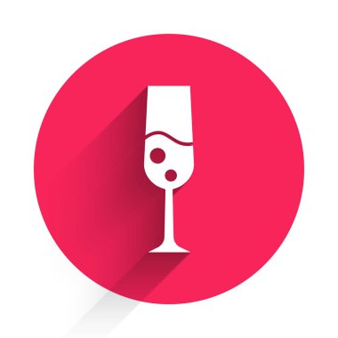 Uzun gölgeli beyaz şampanya ikonu. Mutlu Noeller ve mutlu yıllar. Kırmızı daire düğmesi. Vektör.