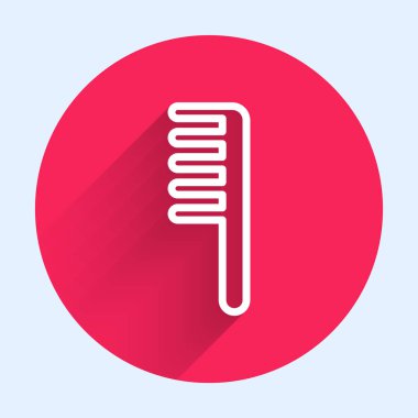 Beyaz çizgi saç fırçası ikonu uzun gölgeli izole edilmiş. Taraklı saç işareti. Berber sembolü. Kırmızı daire düğmesi. Vektör İllüstrasyonu.