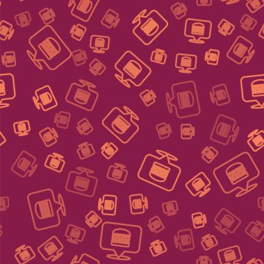 Kahverengi çizgi çevrimiçi sipariş ve hamburger dağıtım ikonu kırmızı arka planda izole edilmiş kusursuz desen. Vektör.