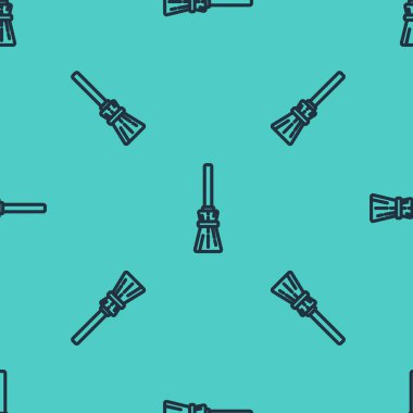 Siyah çizgi cadıları süpürge ikonu yeşil arka planda kusursuz desen izole etti. Mutlu Cadılar Bayramı Partisi. Vektör.