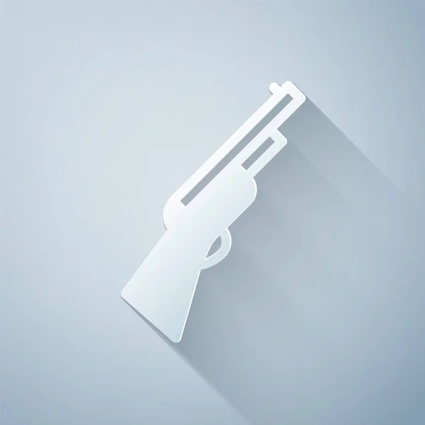 ペーパーカット灰色の背景に隔離された狩猟銃のアイコン 狩猟散弾銃 紙のアートスタイル ベクトル — ストックベクタ