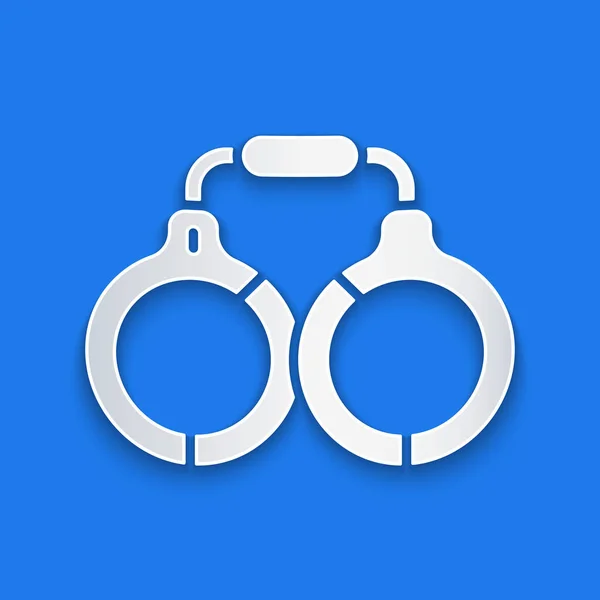 Papel Corte Handcuffs Ícone Isolado Fundo Azul Estilo Arte Papel — Vetor de Stock