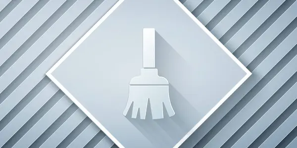 Paper Cut Feather Broom Cleaning Icon Isolated Grey Background Feather — Stock Vector
