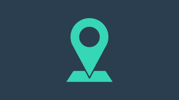 Turquoise Map pin icon isolated on blue background. Navigation, pointer, location, map, gps, direction, place, compass, search concept. 4K Video motion graphic animation — Stock Video