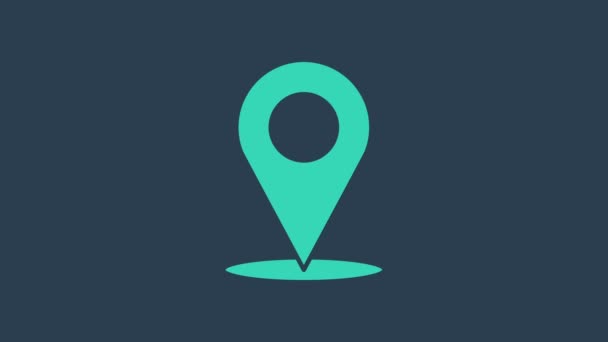 Icono de pin de mapa turquesa aislado sobre fondo azul. Navegación, puntero, ubicación, mapa, GPS, dirección, lugar, brújula, concepto de búsqueda. Animación gráfica de vídeo 4K — Vídeo de stock