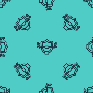 Kalkan simgesindeki siyah çizgi geyiği boynuzları yeşil arkaplandaki kusursuz deseni izole etti. Duvarda av kupası. Vektör.