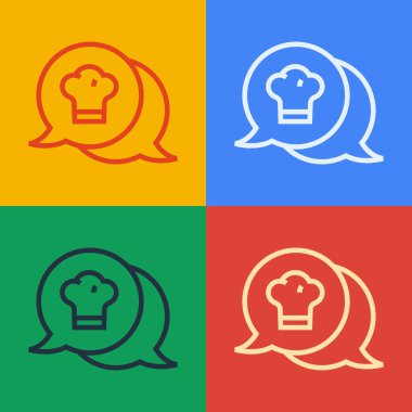 Pop Art Line Chef 'in renkli arka planda izole edilmiş konuşma balonu ikonlu şapkası. Aşçılık sembolü. Aşçı şapkası. Vektör.