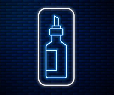 Parlayan neon hattı. Tuğla duvar arkasında izole edilmiş zeytinyağı ikonu. Zeytinyağı ikonlu sürahi. Vektör.