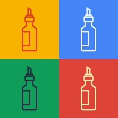 Renkli arka planda izole edilmiş bir şişe zeytinyağı ikonu. Zeytinyağı ikonlu sürahi. Vektör.