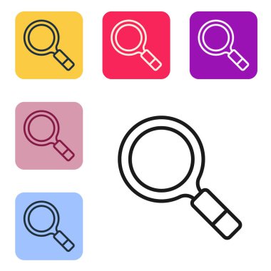 Beyaz zemin üzerinde arama simgesi olan siyah çizgi büyüteç. Dedektif araştırıyor. Renkli kare düğmelerle simgeleri ayarla. Vektör.