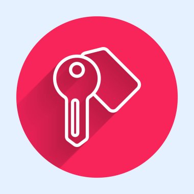 Beyaz Hat Otel kapı kilidi simgesi uzun gölgeli izole edilmiş. Kırmızı daire düğmesi. Vektör.