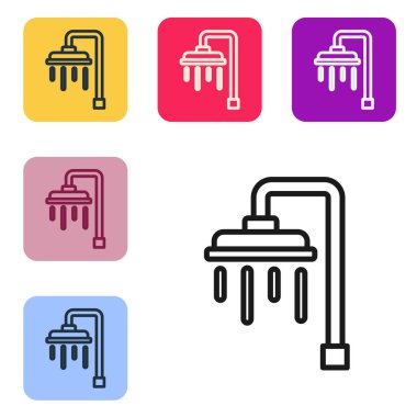 Beyaz zemin üzerinde su damlaları akan siyah duş başlığı izole edilmiş. Renkli kare düğmelerle simgeleri ayarla. Vektör.