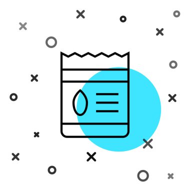 Beyaz arka planda izole edilmiş özel bir bitki simgesinin tohumlarıyla dolu siyah çizgi paketi. Rastgele dinamik şekiller. Vektör.