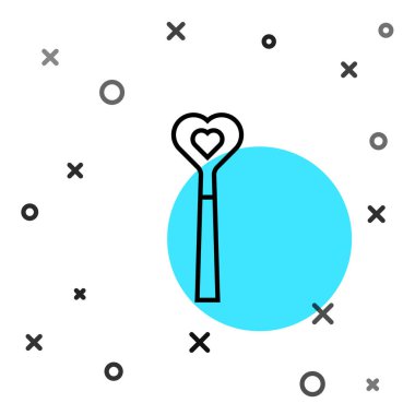 Siyah çizgi sihirli çubuk simgesi beyaz arkaplanda izole edildi. Yıldız şeklinde sihirli aksesuar. Sihirli güç. Rastgele dinamik şekiller. Vektör.