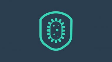 Mavi arka planda virüslerden, mikroplardan ve bakteri ikonlarından korunan turkuaz kalkan. Bağışıklık sistemi konsepti. Corona virüsü 2019-nCoV. 4K Video hareketli grafik canlandırması