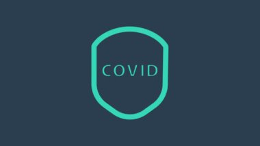 Mavi arka planda virüslerden, mikroplardan ve bakteri ikonlarından korunan turkuaz kalkan. Bağışıklık sistemi konsepti. Corona virüsü covid-19. 4K Video hareketli grafik canlandırması