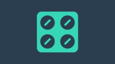 Mavi arka planda, su toplayan paket ikonundaki turkuaz haplar izole edilmiş. İlaç paketi. Tablet, vitamin, antibiyotik, aspirin. 4K Video hareketli grafik canlandırması