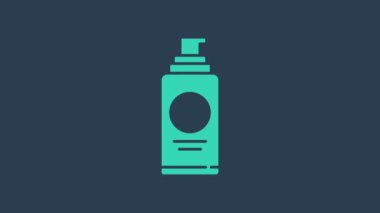 Saç spreyi için turkuaz sprey kutusu, deodorant, terleme önleyici ikon mavi arka planda izole edilmiş. 4K Video hareketli grafik canlandırması