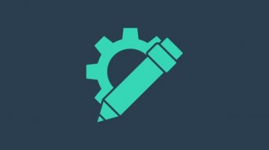 Mavi arka planda turkuaz kalem ve vites simgesi izole edildi. Yaratıcı gelişme. Blog yazma ya da metin yazma kavramı. 4K Video hareketli grafik canlandırması