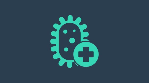 Turchese icona del virus positivo isolato su sfondo blu. Virus Corona 2019-nCoV. Batteri e germi, cancro alle cellule, microbi, funghi. Animazione grafica 4K Video motion — Video Stock